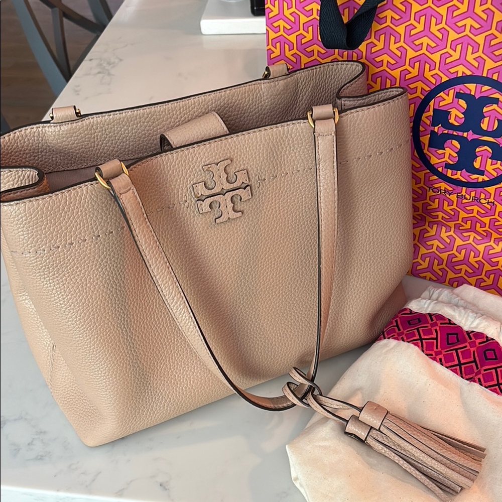 Tory Burch Beige Leather Tote with Tassel - Picture 2 of 8